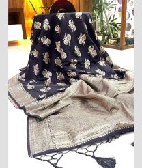 Black and Cream color silk sarees with all over silver jari meenakari gulab buties with jari woven border design -SILK0017383