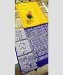 Yellow and Royal BLue color venkatagiri pattu handloom saree with all over small buties design -VAGP0000427
