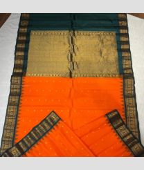 Orange and Forest Fall Green color gadwal pattu handloom saree with all over buties with temple kuthu interlock woven border design -GDWP0001704
