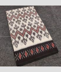 Half White and Black color pochampally Ikkat cotton handloom saree with pochampalli design -PIKT0000476