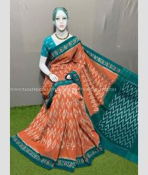 Copper Brown and Teal color pochampally Ikkat cotton handloom saree with special marthas patterns design -PIKT0000589