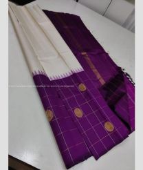 Cream and Magenta color kanchi pattu handloom saree with all over checks and buties with 2g pure jari traditional korvai pattern design -KANP0012450
