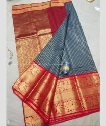 Maroon and Grey color Chenderi silk handloom saree with all over small checks with kanchi border saree design -CNDP0012103