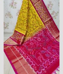 Mustard Yellow and Magenta color Ikkat sico handloom saree with pochampalli ikkat design -IKSS0000312