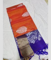 Orange and Blue color kanchi pattu handloom saree with all over big silver jari buties with silver border design -KANP0010203