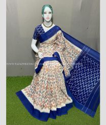 Cream and Royal Blue color pochampally Ikkat cotton handloom saree with special marthas patterns design -PIKT0000600