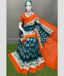Teal and Orange color pochampally Ikkat cotton handloom saree with All over Marthas Pattern Design-PIKT0000604