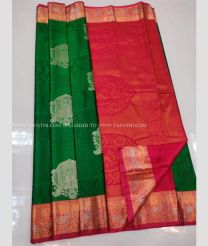 Dark Green and Red color soft silk kanchipuram handloom saree with peacock buta design -KASS0000109