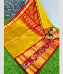 Golden Yellow and Red color Kollam Pattu handloom saree with plain with pochampalli border design -KOLP0001450