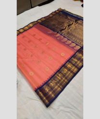 Coral Pink and Navy Blue color gadwal sico handloom saree with all over jall checks and buties with temple kuttu border design -GAWI0000641