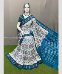 Cream and Blue Ivy color pochampally Ikkat cotton handloom saree with special marthas patterns design -PIKT0000601