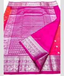 Pink and Neon Pink color venkatagiri pattu handloom saree with all over silver buties with peacock border design -VAGP0000815