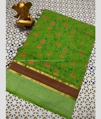 Green and Brown color mangalagiri pattu handloom saree with all over printed design -MAGP0026581