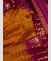 Orange and Pink color gadwal cotton handloom saree with all over checks with temple kothakomma kuthu interlock woven system design -GAWT0000104