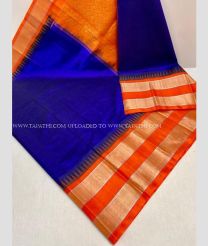 Blue and Orange color kuppadam pattu handloom saree with plain with temple and silver and gold kaddi border design -KUPP0096661