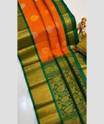 Orange and Green color kuppadam pattu handloom saree with all over small check and big buties design -KUPP0097055