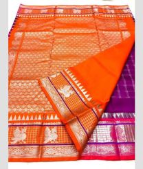 Magenta and Orange color venkatagiri pattu handloom saree with all over checks and buties with 6inch temple and parrots border design -VAGP0000804