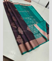 Chocolate and Turquoise color soft silk kanchipuram sarees with all over handwoven big buties with unique collection design -KASS0000973