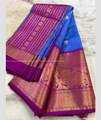 Blue and Magenta color mangalagiri pattu handloom saree with kuppadam border design -MAGP0026554
