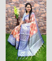 Peach and Light Blue color Kora handloom saree with printed design saree -KORS0000030