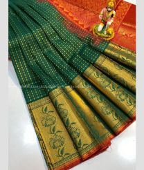 Pine Green and Red color kuppadam pattu handloom saree with all over checks and buties design -KUPP0096741