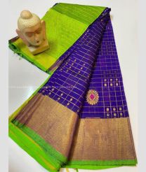 Purple Blue and Parrot Green color Kollam Pattu handloom saree with all over checks and buties sarees design -KOLP0000672