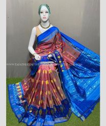 Dark Maroon and Blue color pochampally ikkat pure silk handloom saree with pochampalli ikkat design saree -PIKP0016962