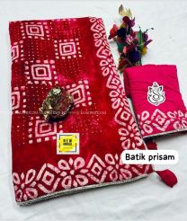 Crimson color silk sarees with all over prisam batik hand printed with sequence and multi work embroidery jall design -SILK0017399