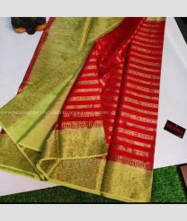 Acid Green and Red color Banarasi sarees with all over striped design woven with jacquard double border -BANS0007867