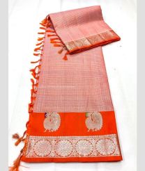 Baby Pink and Orange color venkatagiri pattu handloom saree with all over small jari checks design -VAGP0000746
