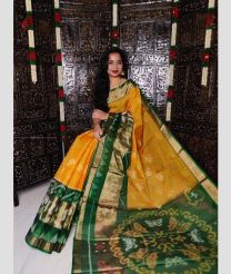 Yellow and Dark Green color Ikkat sico handloom saree with all over ikkat design -IKSS0000449
