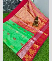 Elf Green and Red color mangalagiri pattu handloom saree with all over big buties with peacock border design -MAGP0026441