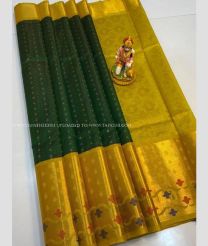 Pine Green and Yellow color kuppadam pattu handloom saree with kanchi border design -KUPP0097131