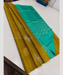 Mustard Yellow and Blue Turquoise color soft silk kanchipuram sarees with all over buttas design -KASS0001057