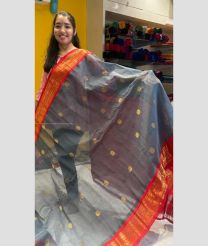 Grey and Red color gadwal cotton handloom saree with all over buties including meena with kuthu interlock woven border design -GAWT0000280