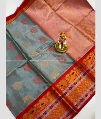 Grey and Red color mangalagiri pattu handloom saree with all over buties design -MAGP0026208