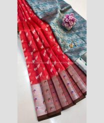Red and Grey color Chenderi silk sarees with paithani border design -CNDP0016295