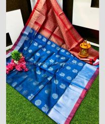 Blue and Red color kuppadam pattu handloom saree with all over buttas design -KUPP0097176