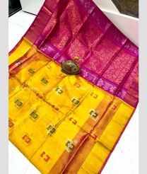 Mango Yellow and Deep Pink color uppada pattu handloom saree with all over buttas design -UPDP0021914