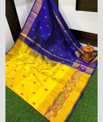 Navy Blue and Yellow color uppada pattu handloom saree with all over nakshtra buties with pochampally border design -UPDP0020728