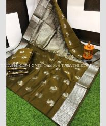 olive green and silver colour chenderi silk sarees with All over Buttas design - CNDP0016898