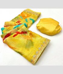 Yellow and Blue Turquoise chiffon sarees with All over Printed design - CHIF0002338