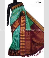 Turquoise and Chocolate gadwal pattu sarees with temple Kuttu border design - GDWP0005757