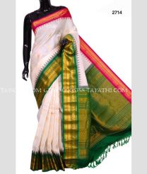 Cream and Green gadwal pattu sarees with temple Kuttu border design - GDWP0005758
