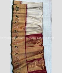 Half White and Crimson gadwal pattu sarees with turning border design - GDWP0005863
