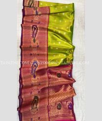 Parrot Green and Magenta gadwal pattu sarees with turning border design - GDWP0005868