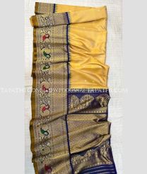 Yellow and Navy Blue gadwal pattu sarees with turning border design - GDWP0005872