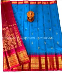 blue and brown colour gadwal sico sarees with Kanchi Border design - GAWI0002036