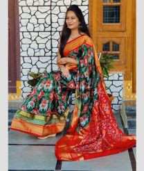 Dark Green with Red Border color pochampally ikkat pure silk handloom saree with ikkat patola sarees design