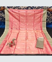 peach color uppada pattu handloom saree work with dollar buta design saree